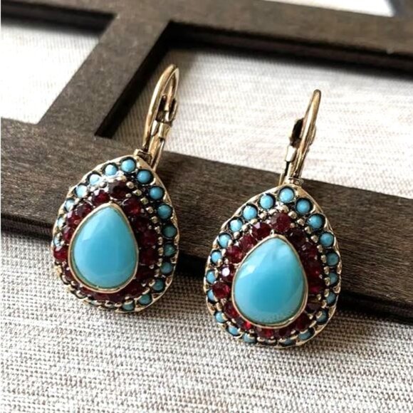 Private Label Jewelry - NEW Roman Revival Turquoise Blue Stone Tear Drop Earrings